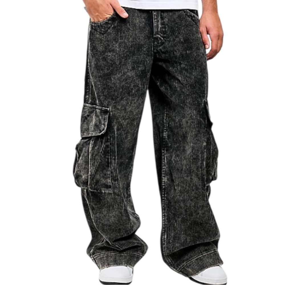 A.LAB Mega Rave Black Wash Corduroy Cargo Pants Mens 36 Embroidered Deep Pockets
